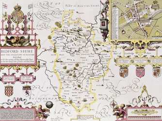 Bedfordshire and the Situation of Bedford, Engraved by Jodocus Hondius from John Speed